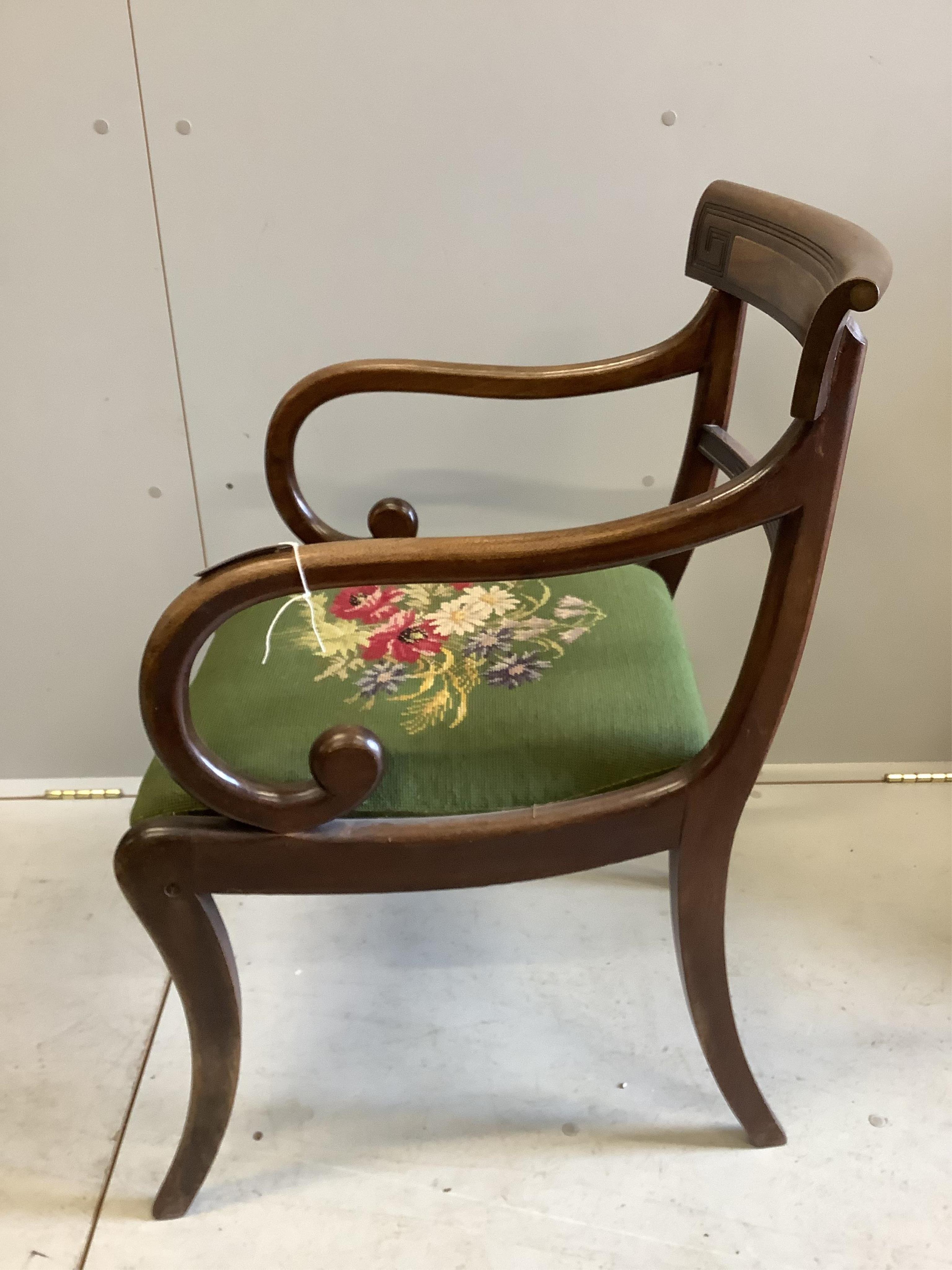 A Regency mahogany tea table, width 92cm, and a mahogany carver, width 55cm. Condition - fair